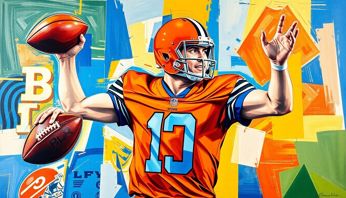 A fragmented, geometric painting in bold colors depicting the throwing motion of a football player, conceptually representing the challenges of transitioning from college to the professional level.