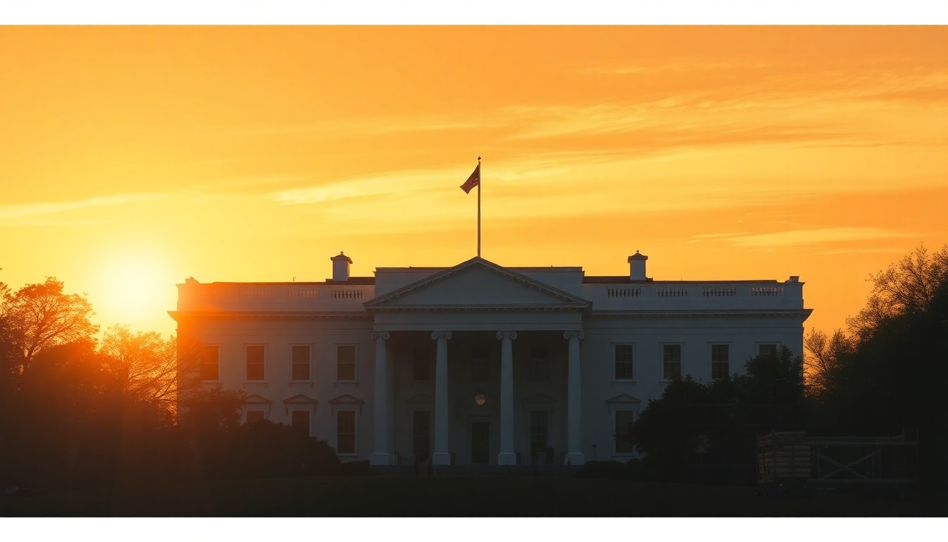 A serene, nostalgic painting of the White House bathed in warm, golden light, with the faint outline of construction equipment hinting at the legal dispute over planned renovations to the iconic building.