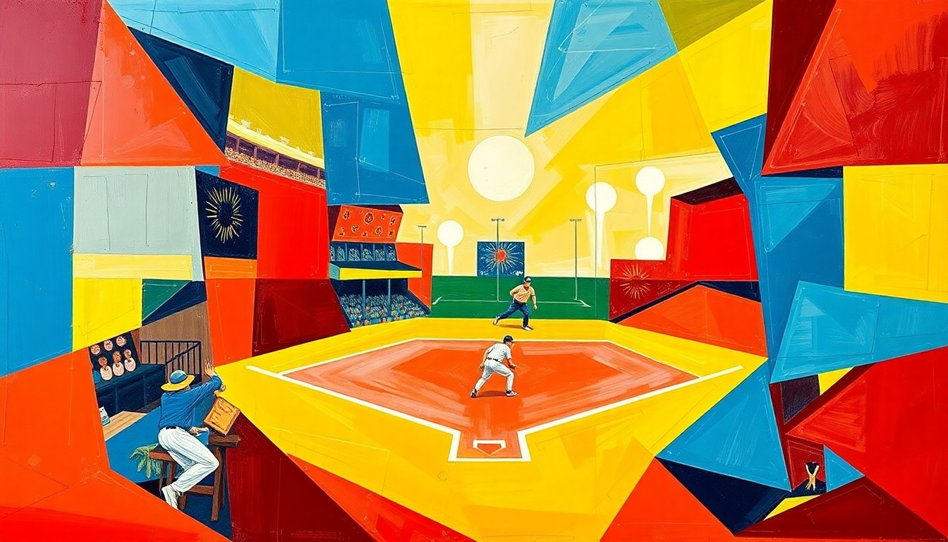 A dynamic, cubist-style painting depicting a softball game broken down into overlapping geometric shapes and planes of bright red, blue, and yellow, conveying the energy and excitement of the sport.