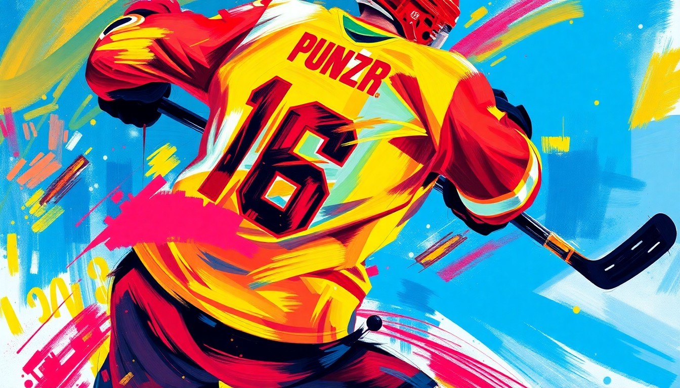 An abstract, energetic painting featuring bold, neon-colored brushstrokes that capture the dynamic movement and raw intensity of a hockey game, with the player's jersey number and hockey stick dissolving into the vibrant, expressive composition.