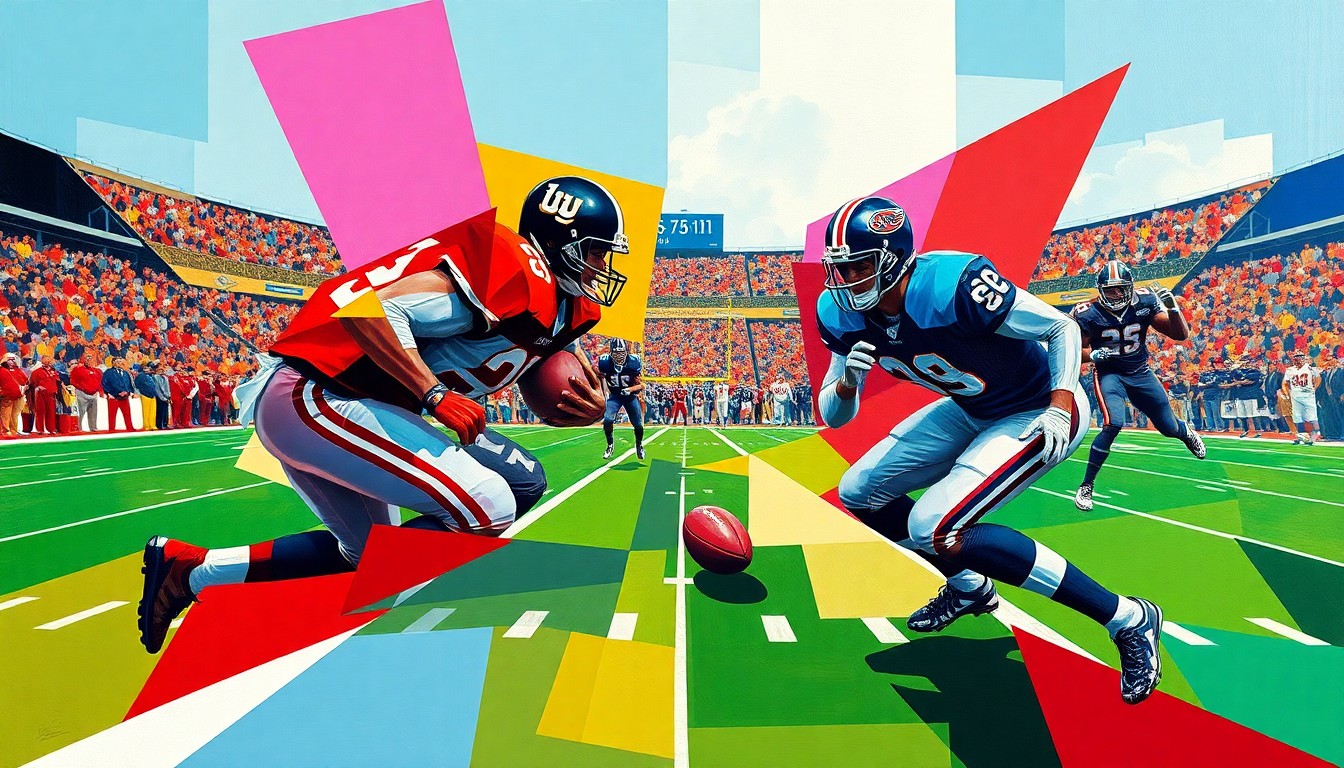 A cubist-style painting depicting a UFL football game in progress, with the players and field abstracted into sharp, overlapping geometric shapes in the official team colors of the Louisville Kings and Houston Gamblers.