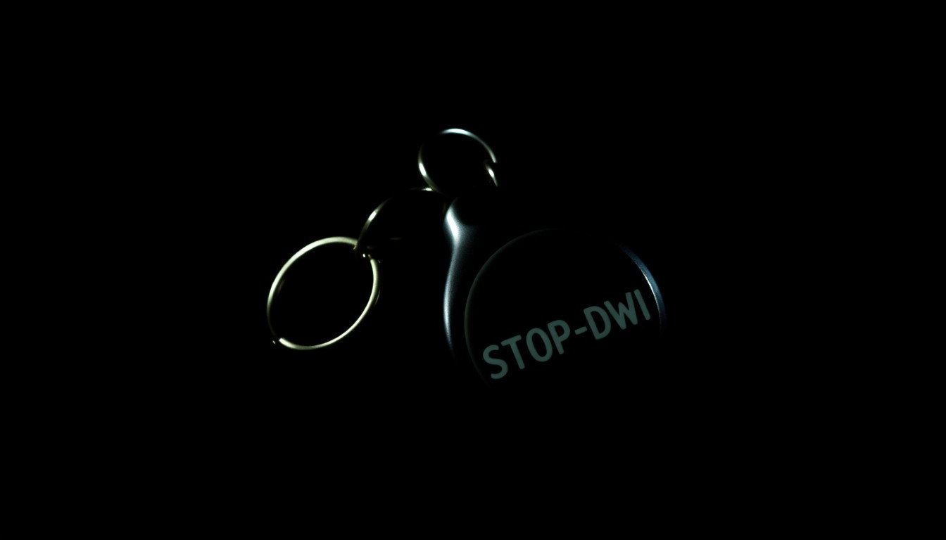 An extreme close-up photograph of a car key with a STOP-DWI keychain, lit by a harsh, direct camera flash against a pitch-black background, creating a stark, gritty, investigative aesthetic.