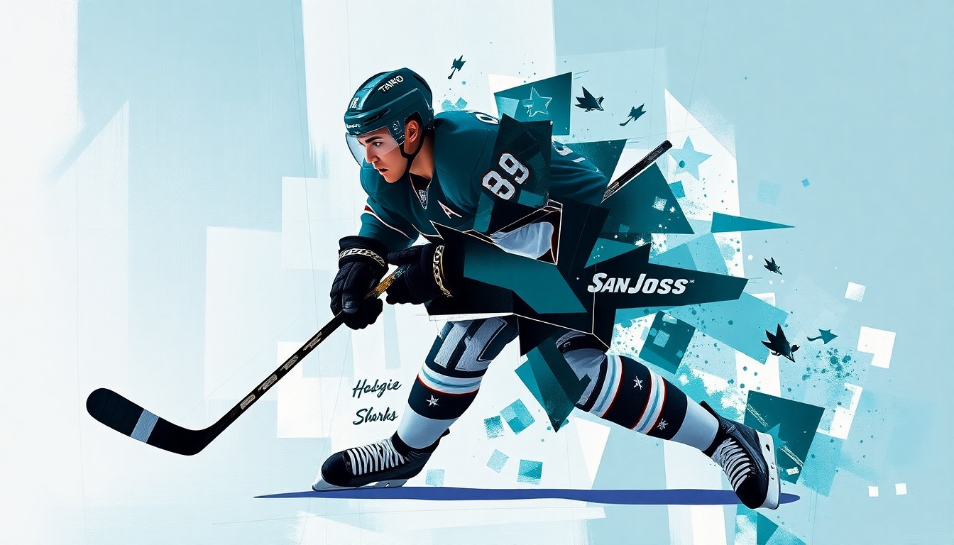 A fractured, cubist-style painting depicting a hockey player in mid-motion, with sharp geometric planes in teal, black, and white colors representing the San Jose Sharks.