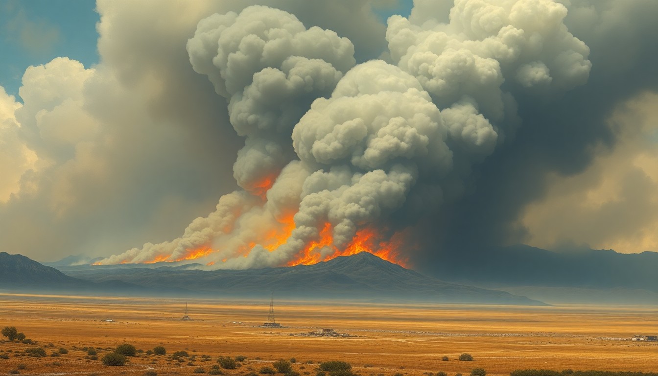 A sweeping, atmospheric landscape painting depicting a distant wildfire, with thick smoke billowing across a desolate, windswept plain, conveying the overwhelming scale and power of the natural disaster.
