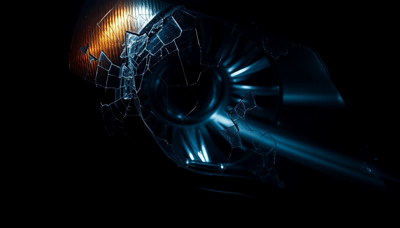 An extreme close-up photograph of a cracked and damaged car headlight lens, lit by a harsh, direct camera flash against a pitch-black background, creating a stark, gritty, investigative aesthetic.