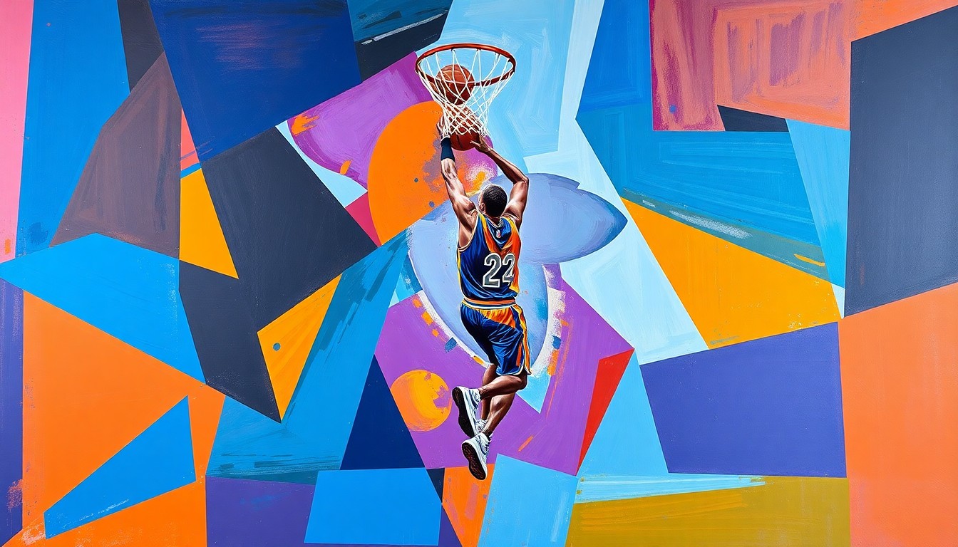 A cubist, geometric painting depicting a basketball player driving to the hoop, with their movements broken down into sharp, overlapping planes of color.