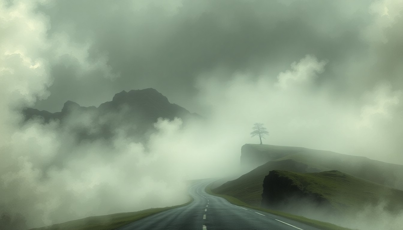 A vast, atmospheric landscape painting in muted tones, with a winding road cutting through the misty scene and a solitary tree visible in the distance, conveying a sense of the overwhelming power of the natural world.