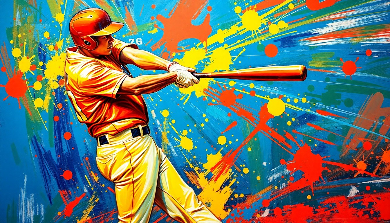 An abstract, energetic painting in bright, neon colors depicting the explosive motion of a baseball player swinging a bat, conceptually representing the energy and excitement of the Rockies' victory.