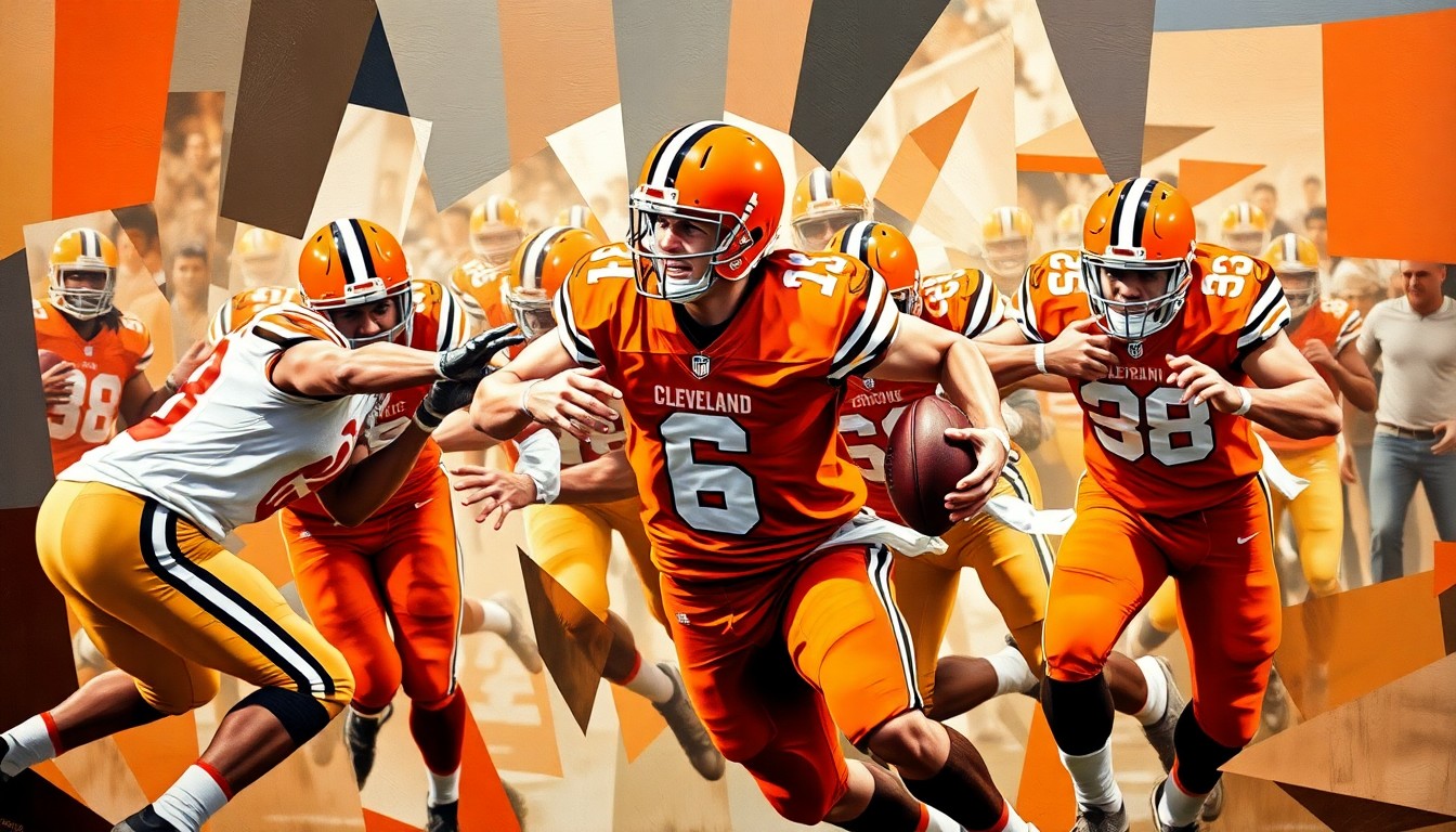 A fractured, multi-perspective painting depicting a Cleveland Browns quarterback scrambling and evading defenders, with sharp, overlapping geometric planes in vibrant orange, brown, and white colors.