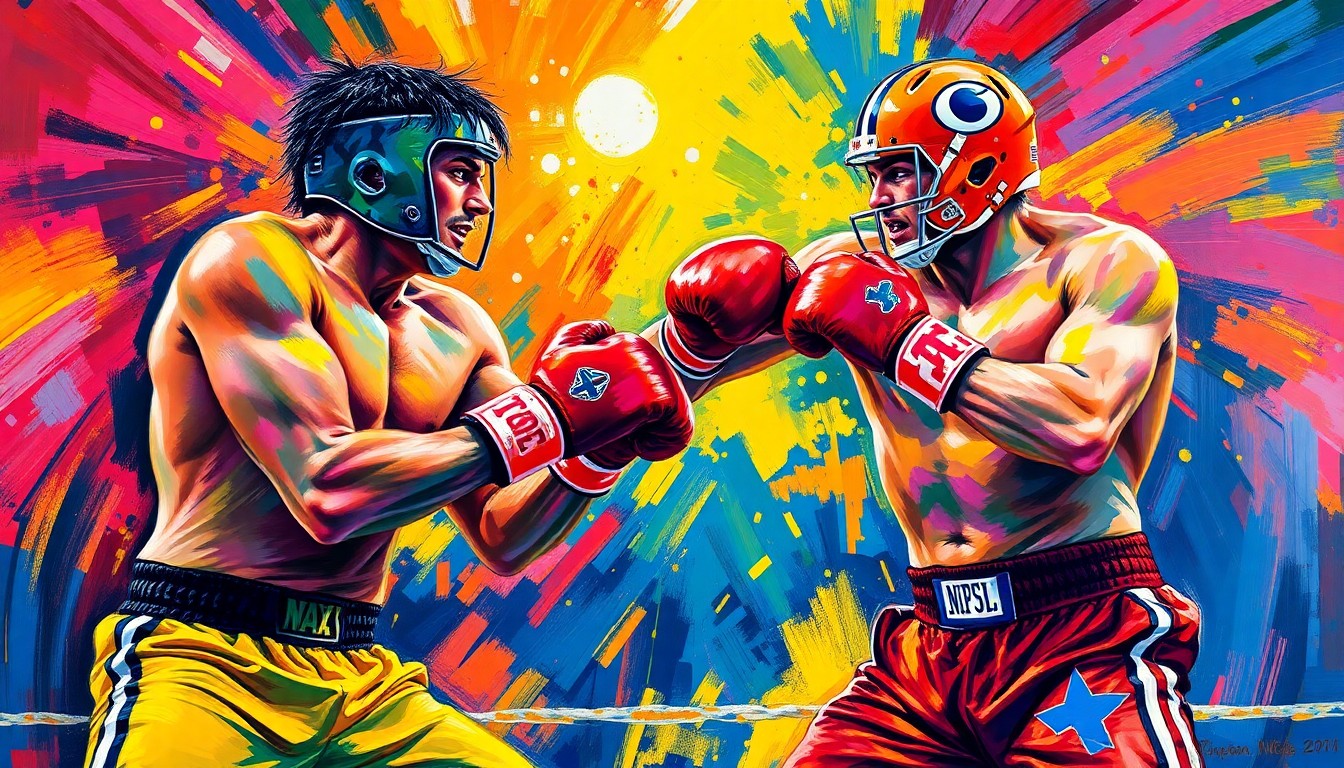 An abstract, energetic painting featuring bold, neon-colored brushstrokes that capture the intensity and movement of a boxing match, conveying the excitement and unpredictability of the upcoming Manziel vs. Menery fight.
