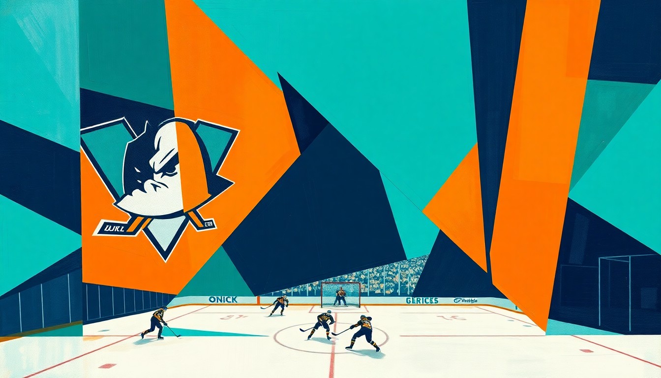 A cubist, geometric painting depicting the final moments of a hockey game, with sharp, overlapping planes of teal, orange, and navy blue representing the intense action on the ice.