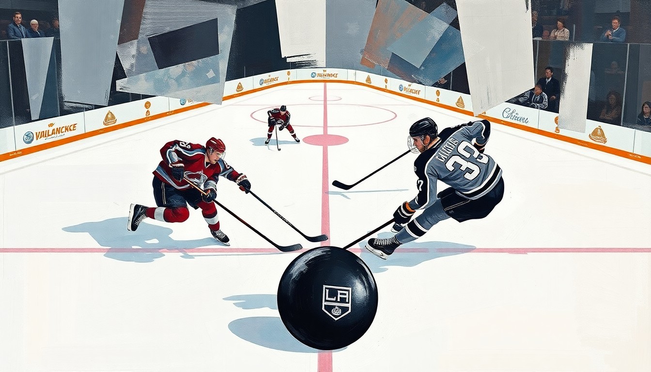 A fractured, multi-perspective painting in the style of Pablo Picasso, breaking down a hockey game between two teams into sharp, overlapping geometric planes, representing the players' movements and the puck's trajectory through a cubist, deconstructed visual style.