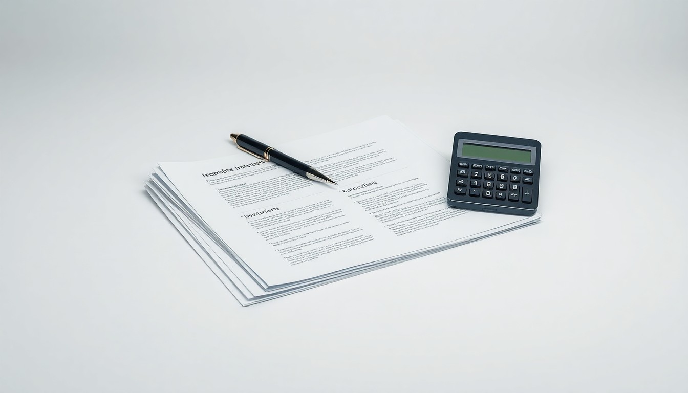 A photorealistic studio still life featuring a stack of financial documents, a pen, and a calculator arranged on a clean, monochromatic background, symbolizing the abstract concepts of corporate strategy, finance, and risk.