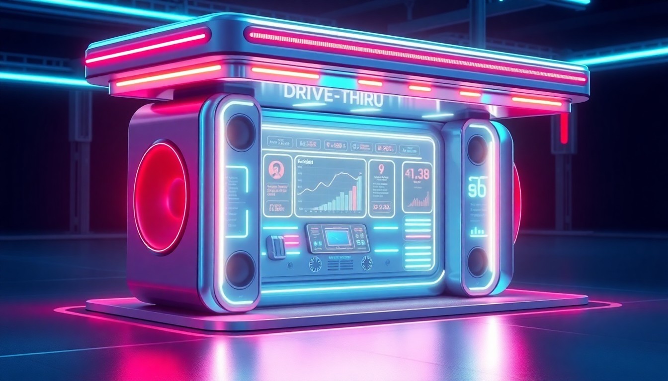 A highly detailed, glowing 3D illustration of a futuristic drive-thru speaker system with pulsing neon lights, conceptually representing the advanced AI-powered analytics capabilities of Vox AI Insights.