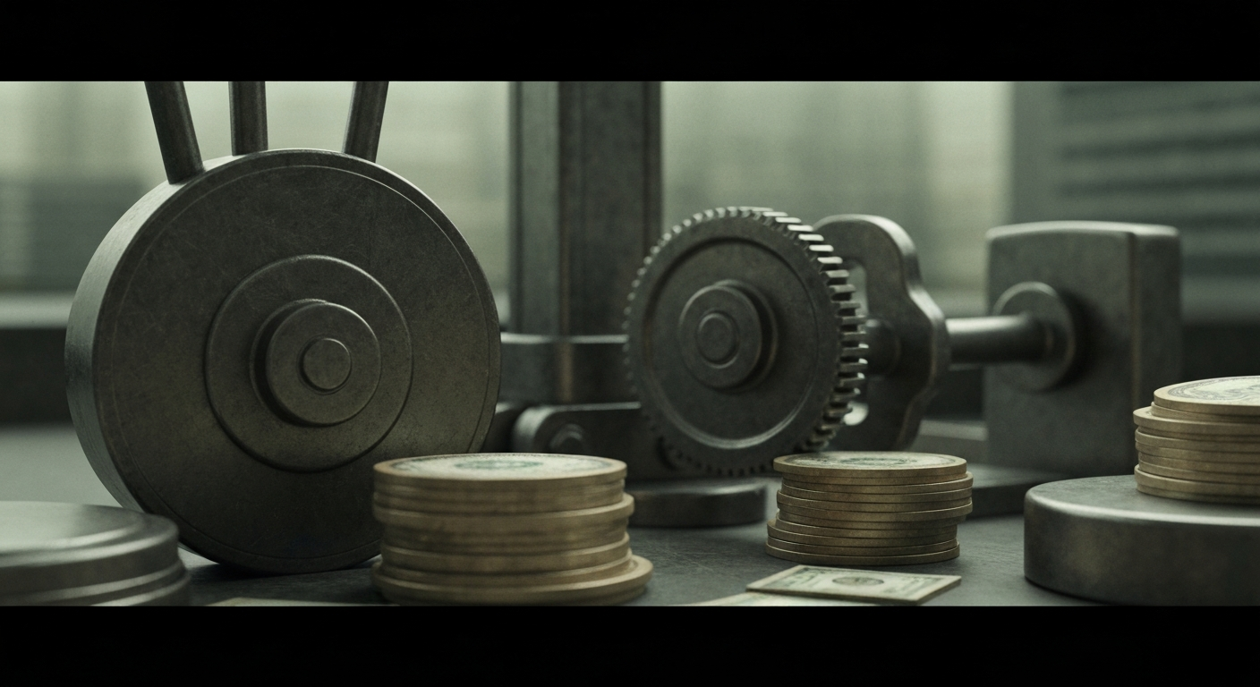 An extreme close-up of intricate, industrial-looking financial machinery and equipment, conveying a sense of power, security, and institutional wealth without using literal currency or charts.