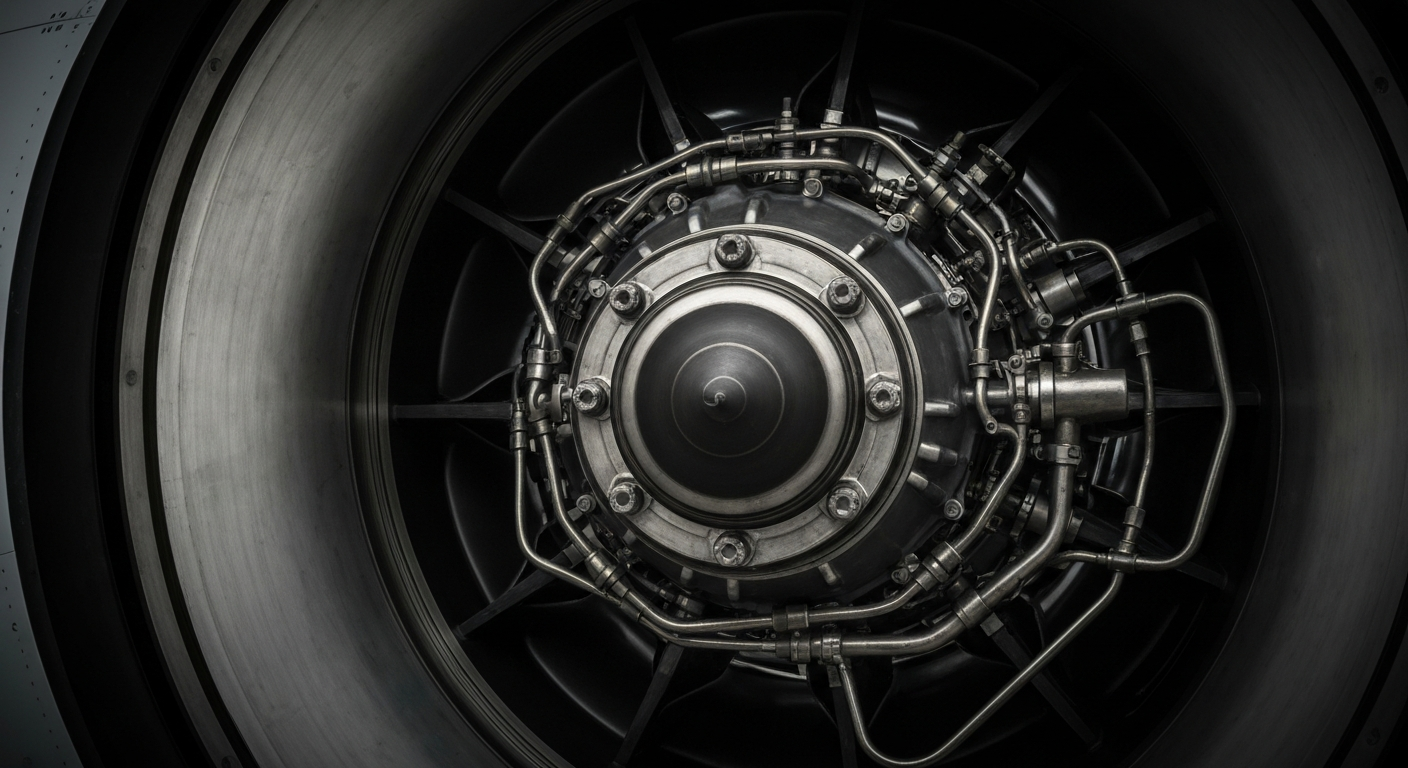 An extreme close-up of intricately engineered aircraft engine parts and components, conveying the complex financial mechanics behind aviation asset-backed securities without using any text or symbols.