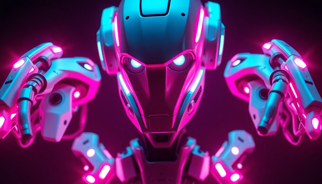 A highly detailed, glowing 3D illustration of a humanoid robot and bionic limbs, with neon cyan and magenta lights illuminating the cybernetic hardware, representing Faraday Future's innovative EAI robotics technology.