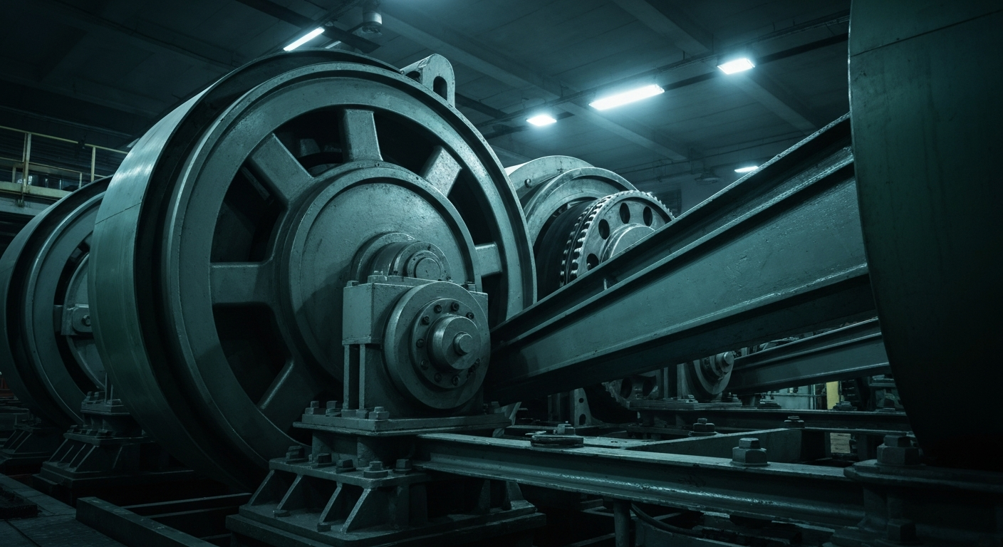 An extreme close-up of intricately engineered banking machinery, conveying the complex, powerful forces of the global financial system as a metaphor for the post-Iran war market environment.