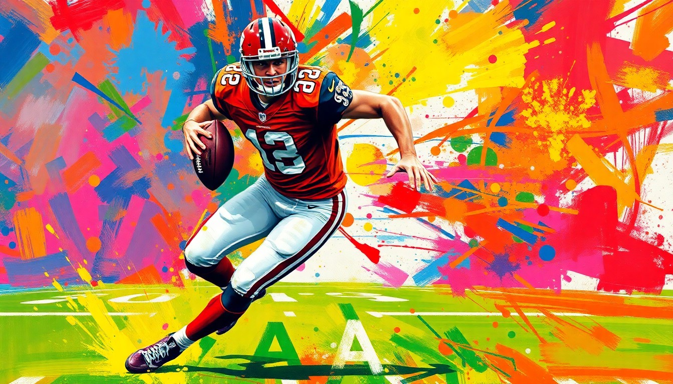 An abstract, expressionist painting featuring bold, neon-colored brushstrokes that capture the dynamic movement and energy of an NFL quarterback, the player's face and uniform details obscured into an unrecognizable blur.