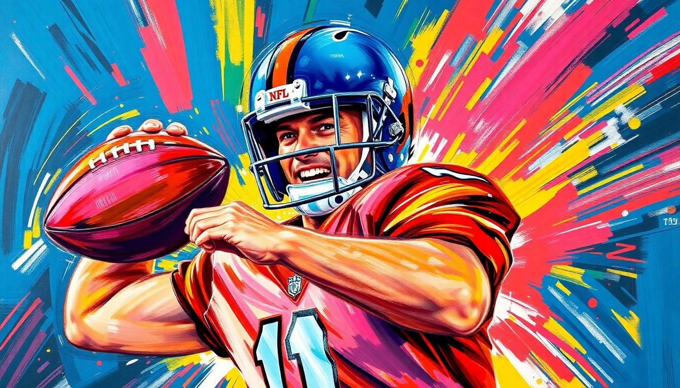 An abstract, energetic painting featuring bold brushstrokes in neon shades of blue, green, and orange, capturing the playful and dynamic personality of an NFL player.