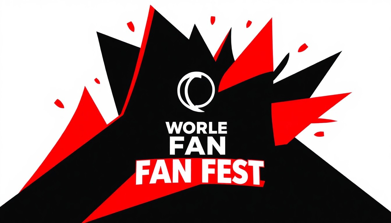 An abstract, minimalist illustration featuring bold, jagged shapes in black and red, conceptually representing the diverse musical acts performing at the Kansas City World Cup Fan Fest.
