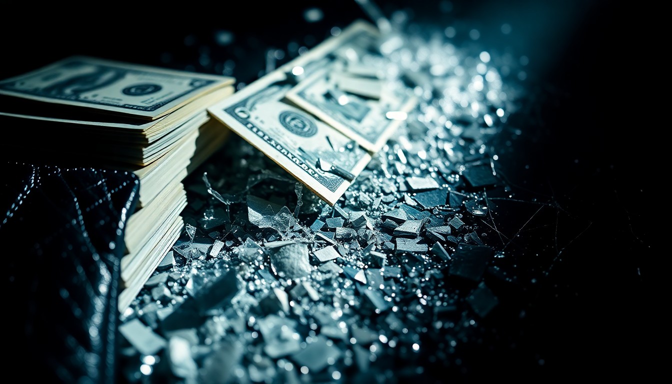 An extreme close-up of stacks of cash, expensive leather, and shattered glass, captured in dramatic, high-contrast studio lighting to create a conceptual illustration of the dangerous, high-stakes world of corporate finance and white-collar crime.