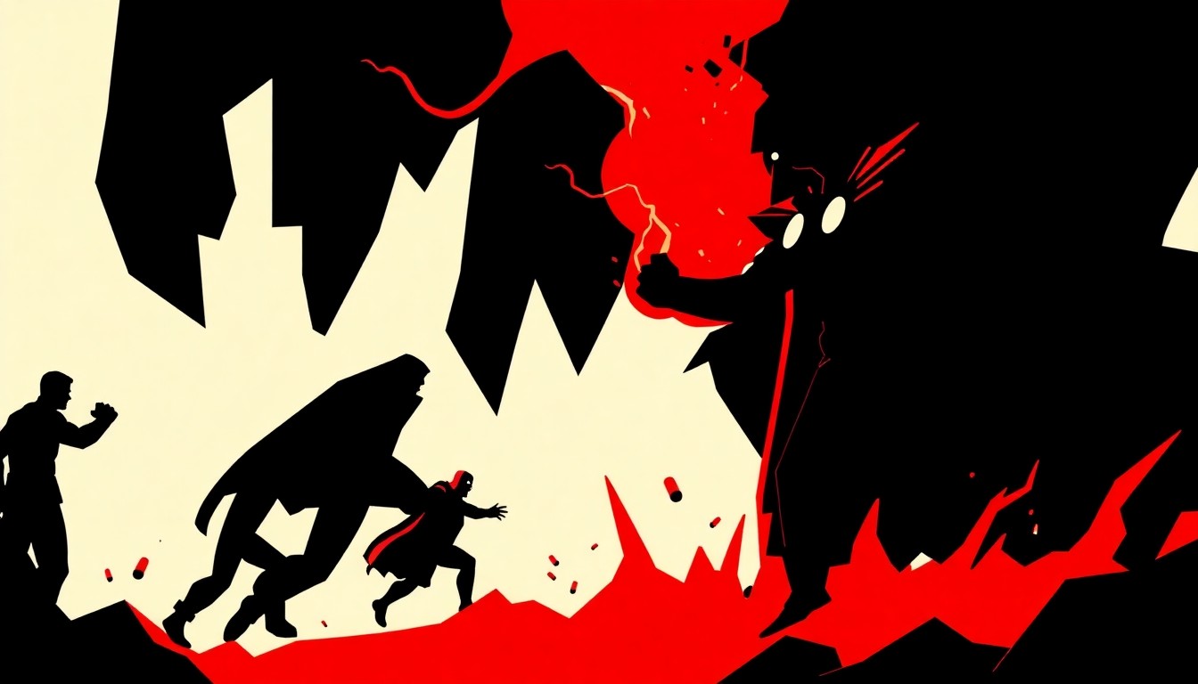 A bold, abstract illustration featuring jagged geometric shapes in red, white, and black, conceptually representing the intense conflict between the Avengers and their formidable foe, Doctor Doom.