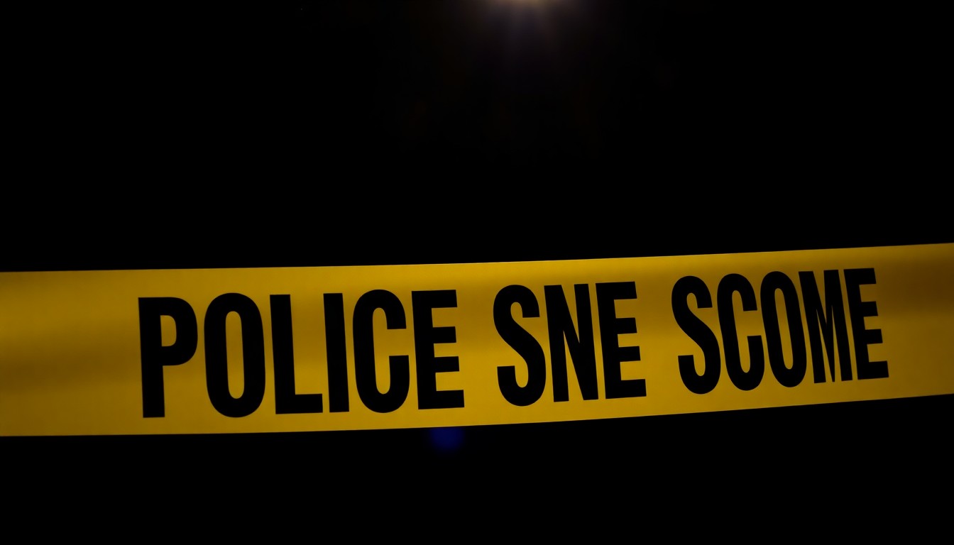 An extreme close-up photograph of a police evidence marker or crime scene tape against a pitch-black background, capturing the stark, gritty, and investigative nature of the incident.