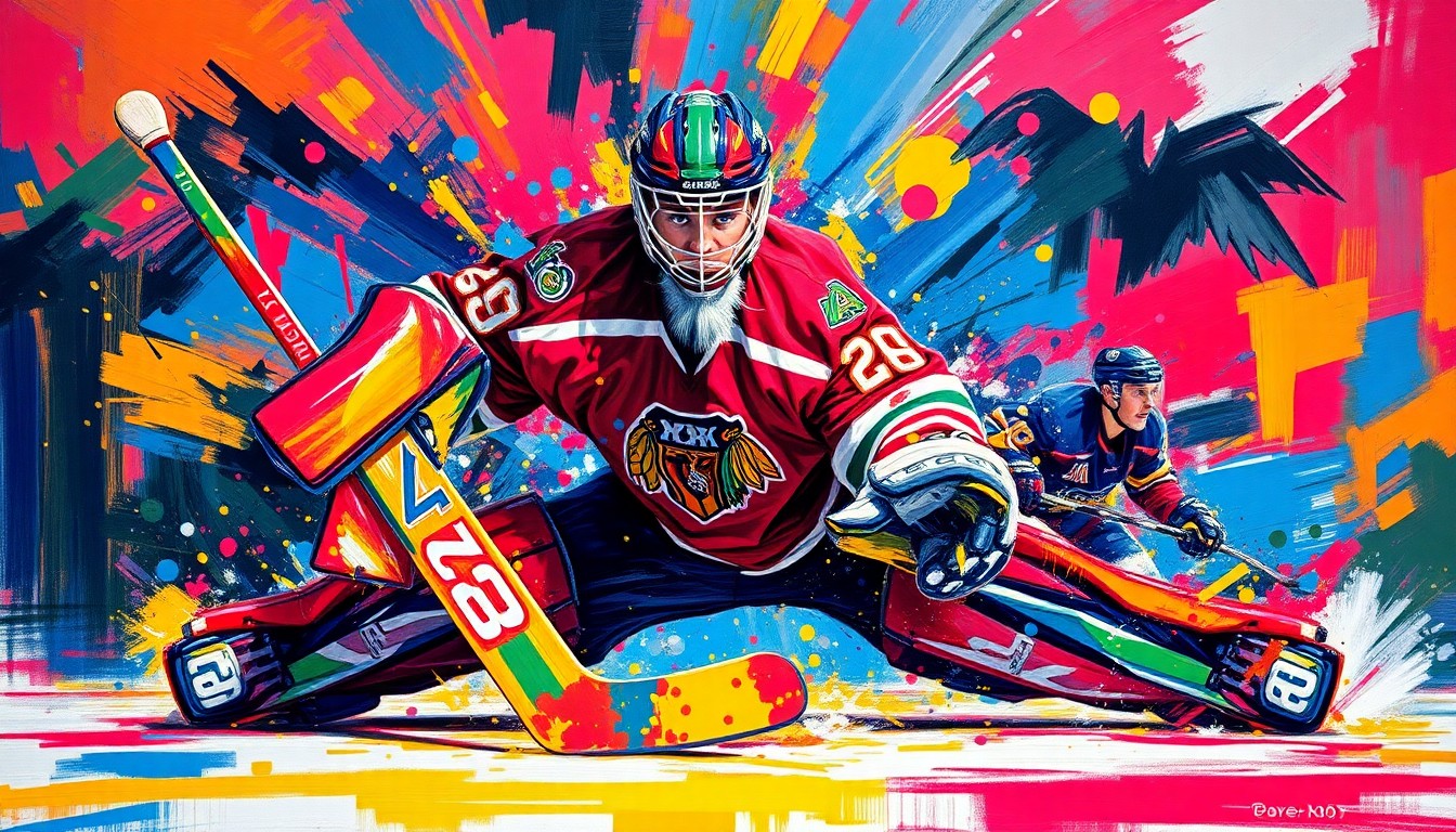 An abstract, expressionist painting in vibrant neon colors depicting the dynamic movements of a hockey goaltender making a save, with the player's features and details dissolving into energetic brushstrokes.