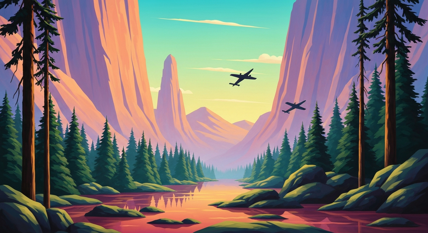 A bold, geometric illustration in the Art Deco style depicts a towering, sweeping perspective of a forested landscape, with smooth gradients of earthy greens and blues capturing the grand scale and natural beauty of Sterling Forest State Park.