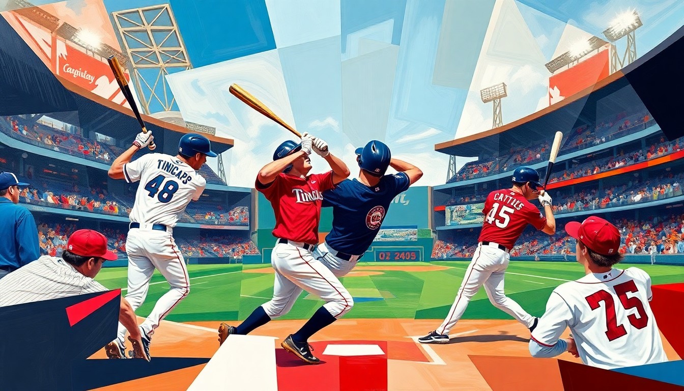 A cubist, geometric painting depicting multiple baseball players in motion, with the ball and bats fragmented into overlapping shapes and planes in the team colors of the TinCaps and Captains.