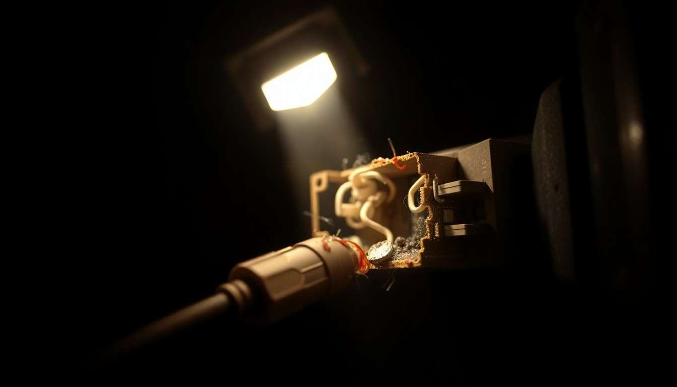 An extreme close-up photograph of a damaged telecom network component, such as a circuit board or cable connector, lit by a harsh, direct camera flash against a pitch-black background, conveying a stark, gritty, investigative aesthetic without depicting any violence.