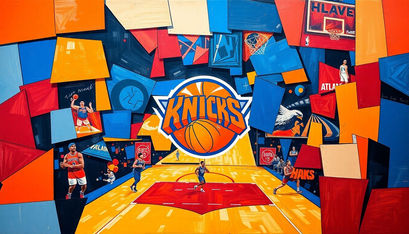 A fractured, cubist-style painting depicting a basketball game between the New York Knicks and Atlanta Hawks, with the players and court broken down into sharp, overlapping geometric shapes in the teams' official colors of orange, blue, red, and yellow.