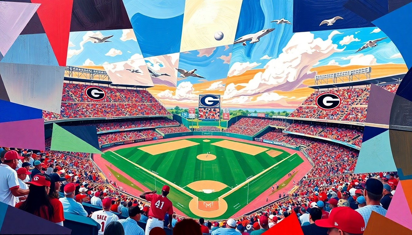 A fragmented, geometric painting depicting the dynamic movements and energy of a college baseball game, with the teams' colors and stadium environment blending together in an abstract, cubist style.