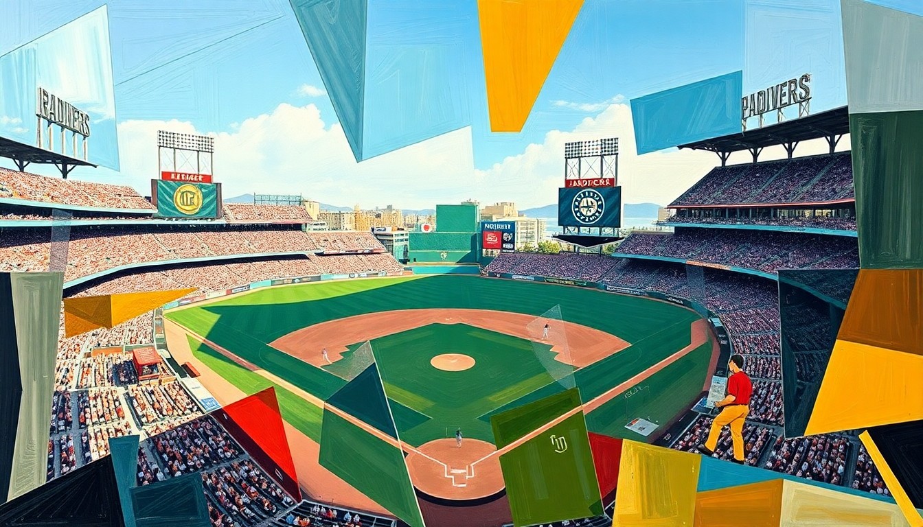 A cubist, geometric painting depicting a baseball game between the San Diego Padres and Seattle Mariners, with the players and field broken down into sharp, overlapping planes of color and shape.