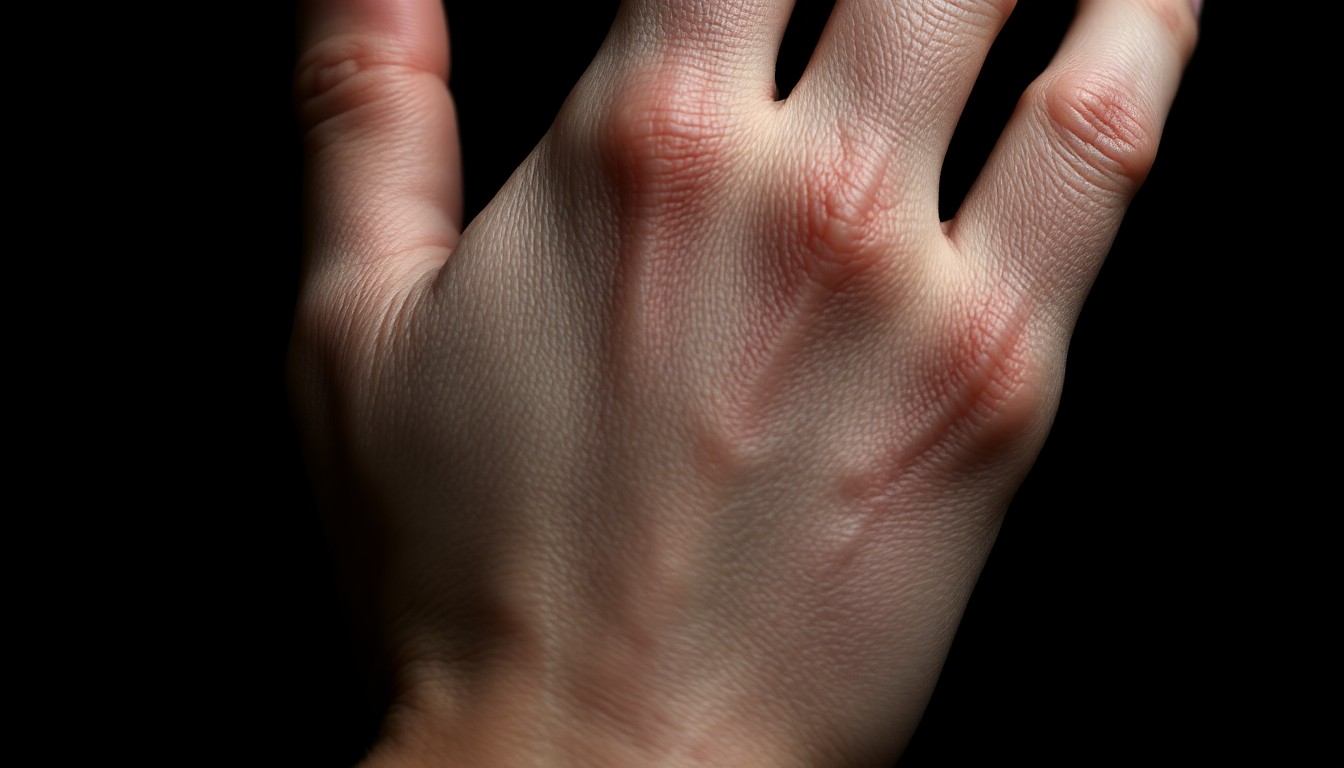An extreme macro photograph of Christina Applegate's hand, the skin textured and delicate, capturing the physical toll of her multiple sclerosis diagnosis in a conceptual, high-contrast studio portrait.