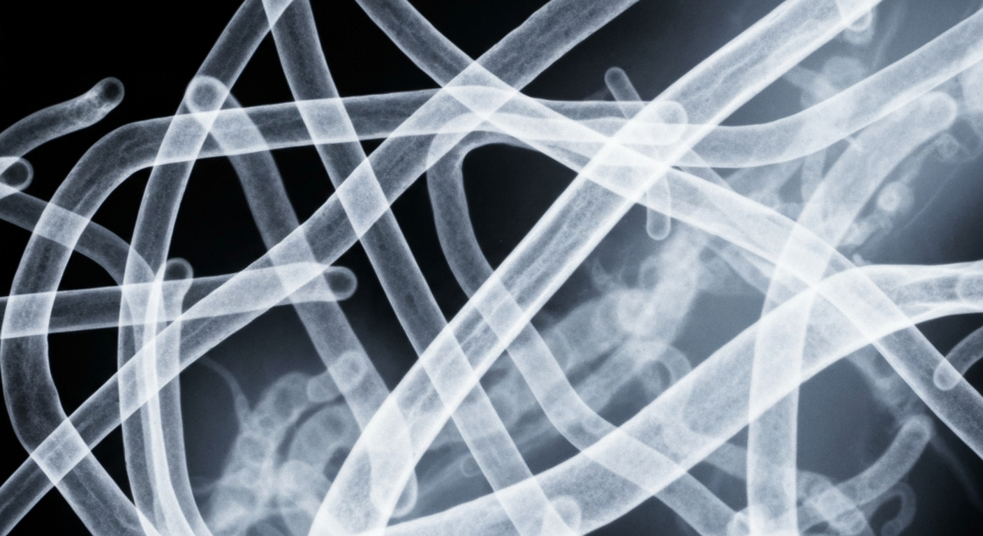 An ethereal, translucent X-ray image showing the intricate, ghostly structures of gut bacteria, conveying the complex interplay between sleep, the microbiome, and cancer progression.