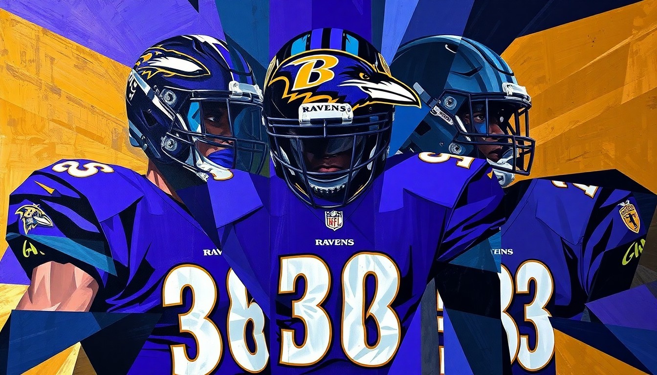 A fragmented, geometric painting depicting the various design elements of the new Ravens uniforms, including the two-tone helmet logos, diagonal pant stripes, and color-shifting 'Midnight Purple' material, all rendered in a bold, cubist style.