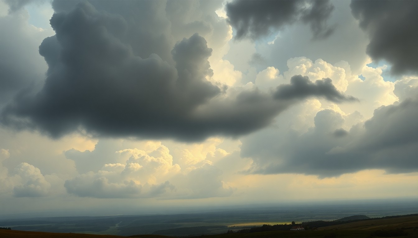 A sweeping, atmospheric landscape painting in muted tones of grey, blue, and green, with a dramatic, turbulent sky filled with heavy storm clouds looming over a serene, fog-shrouded countryside, conveying the sublime power of nature.
