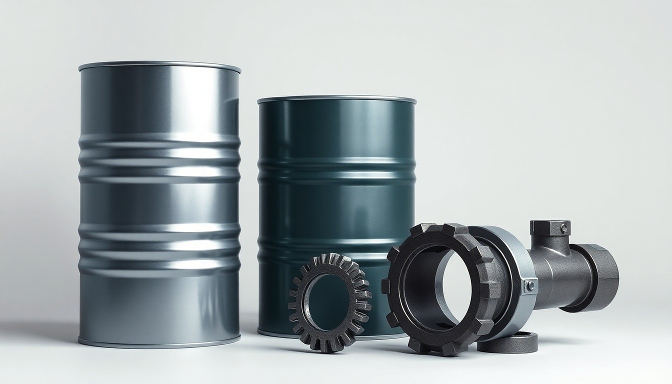 A high-end, photorealistic studio still-life featuring polished metal industrial objects arranged elegantly, symbolizing Nigeria's energy and industrial sectors and the abstract concepts of global investment and economic development.