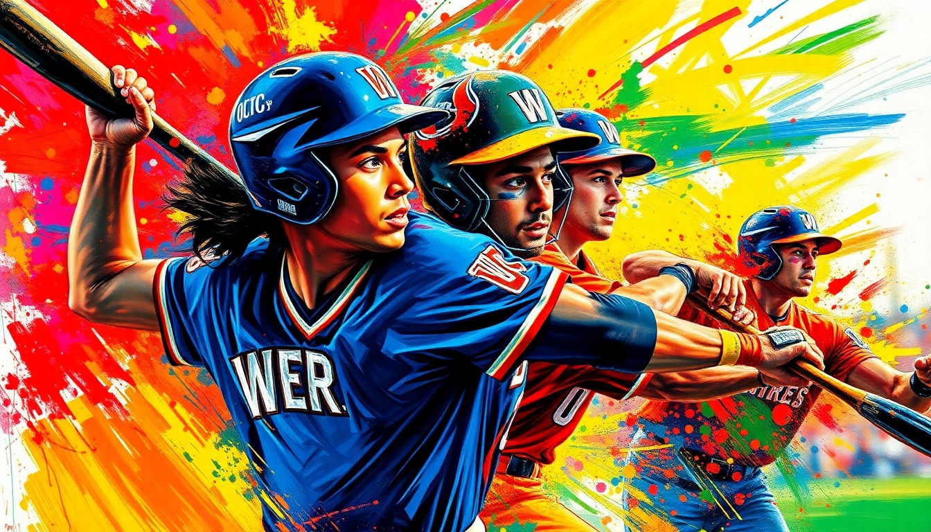 An abstract expressionist painting in neon colors depicting the intense energy and action of a baseball game, with players' forms dissolving into vibrant brushstrokes.