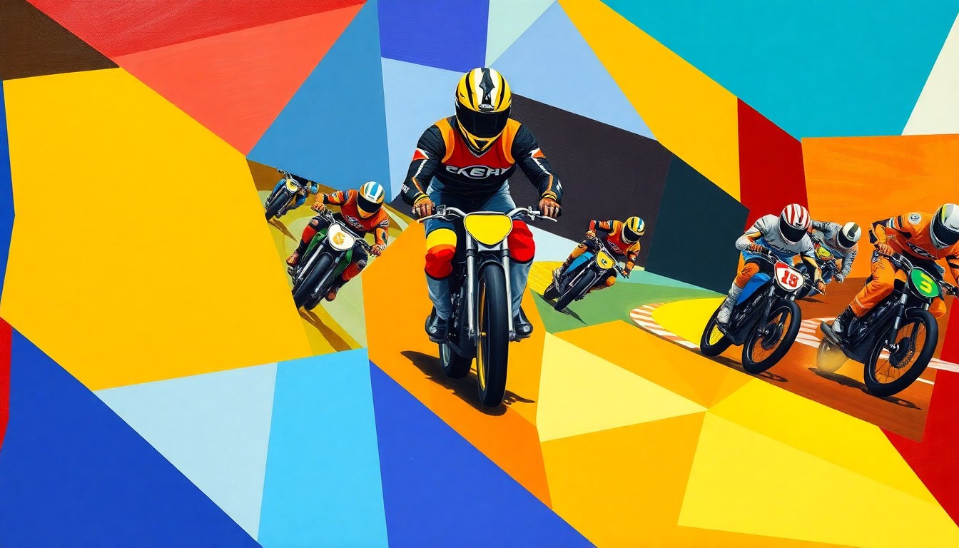 A fragmented, geometric painting in bold colors representing the high-speed action and competition of a speedway race between two rival teams.