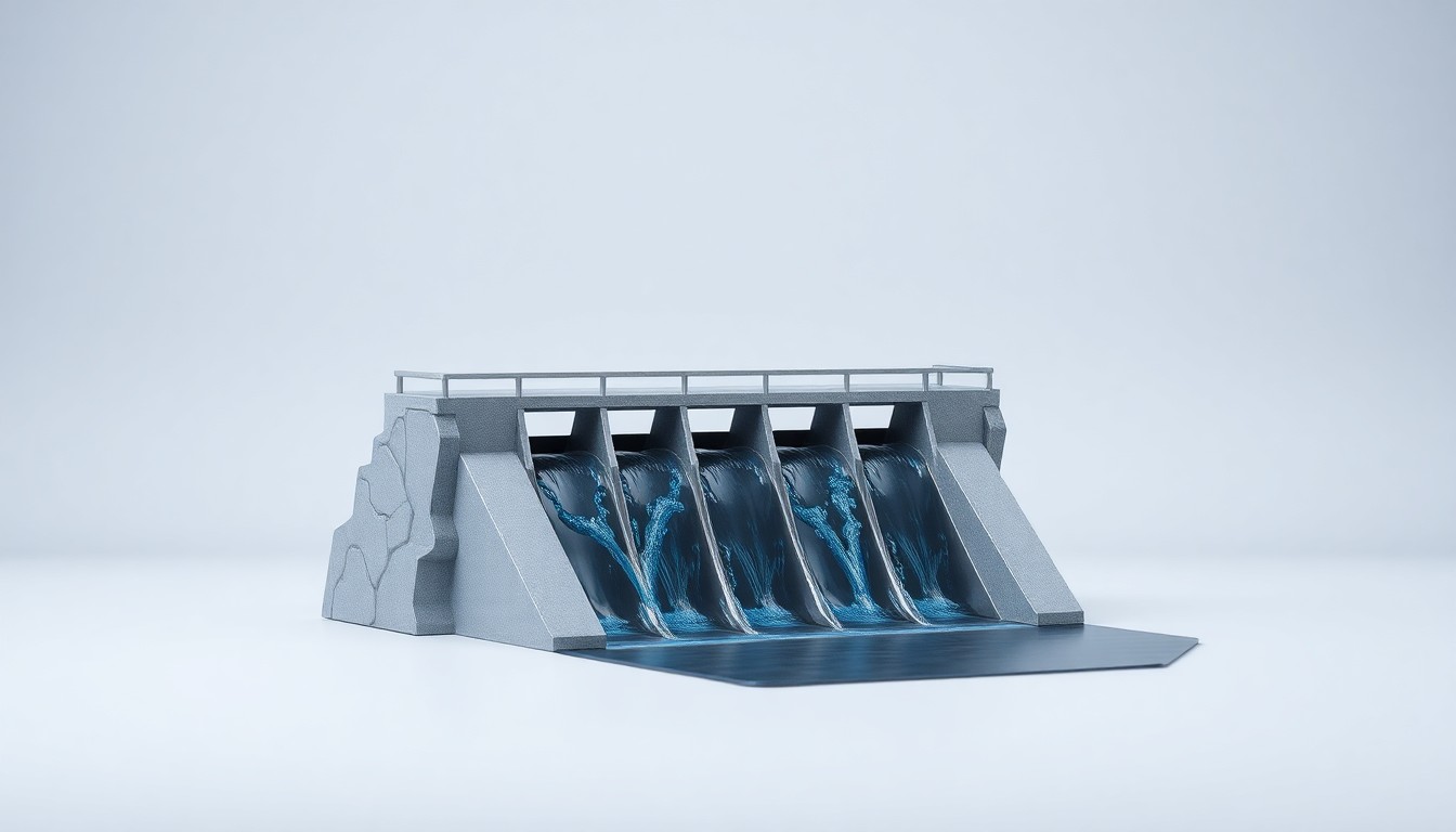 A highly detailed, photorealistic studio still life depicting a polished metallic model of a dam, with water flowing through it against a clean, monochromatic background, conveying the abstract concepts of infrastructure investment and public safety.