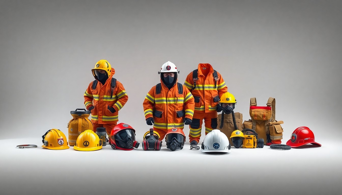 A high-end, photorealistic studio still-life photograph featuring a collection of Lakeland Industries' fire and safety equipment products, including protective suits, helmets, and respirators, arranged elegantly on a clean, monochromatic seamless background. The objects are made from polished raw materials and clean geometric shapes, using sharp, dramatic studio lighting and deep shadows to represent the company's commitment to quality, safety, and innovation.