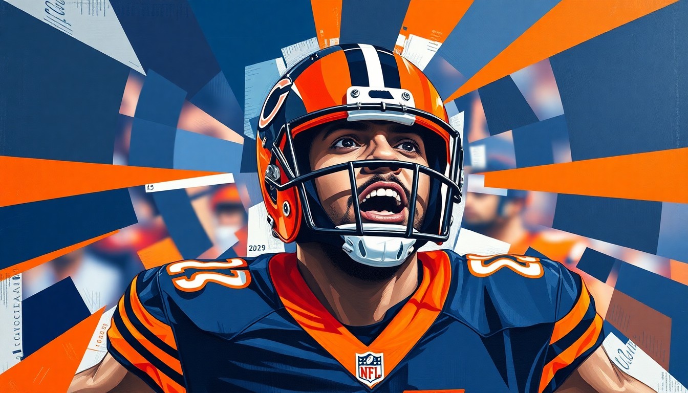 A cubist, geometric painting depicting Caleb Williams in action, with sharp planes of navy blue, orange, and white representing the dynamic movements and plays of the Bears quarterback.