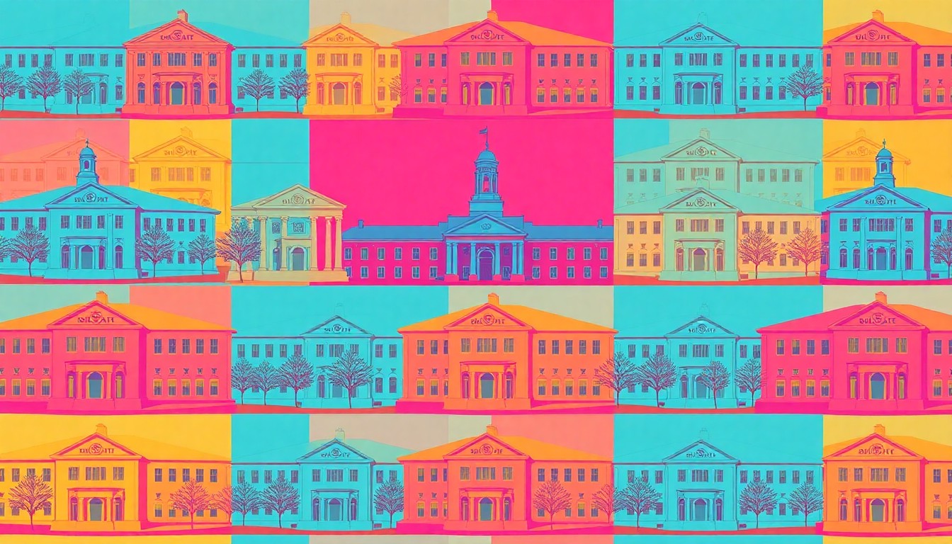 A vibrant, abstract silkscreen illustration featuring a stylized Boise State University campus building repeated in a grid pattern, using bold neon colors and heavy black outlines to capture the energy and evolution of the university's physical footprint.