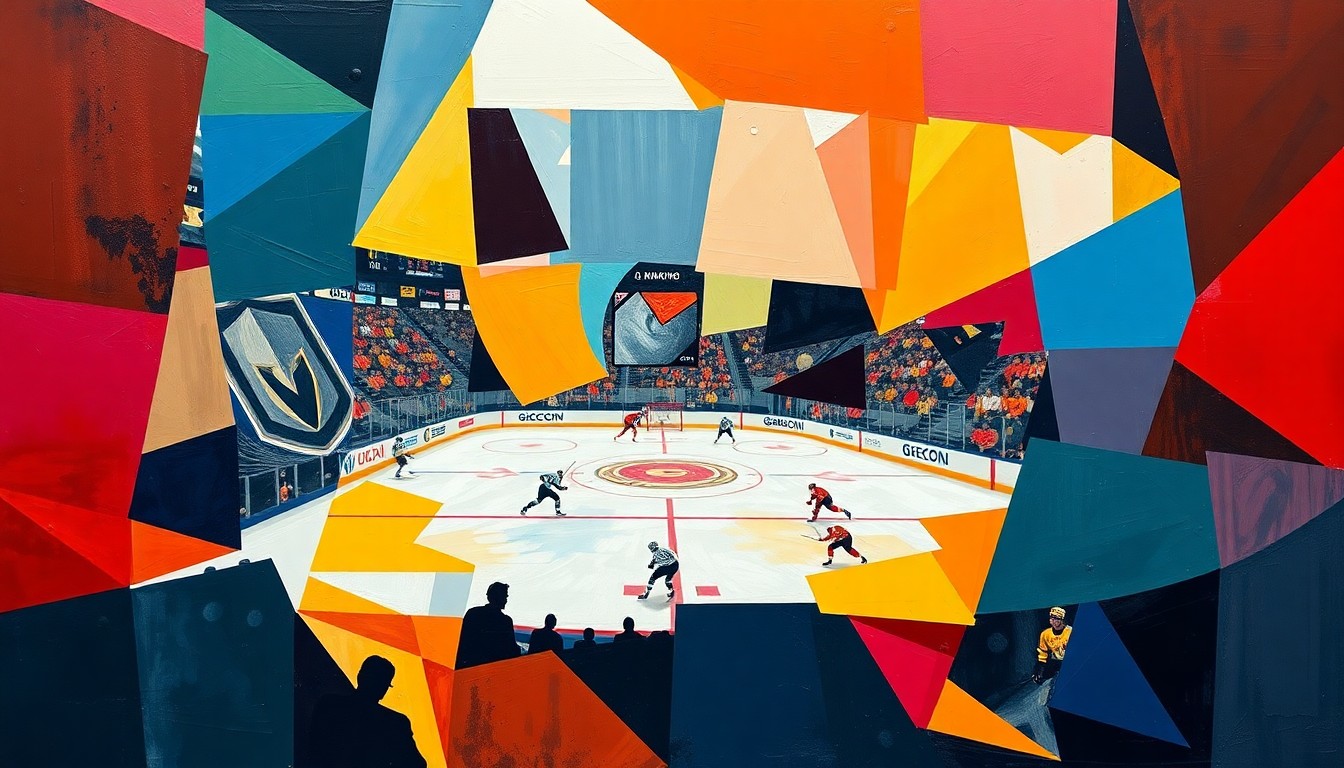 A fractured, cubist-style painting depicting the action and energy of a hockey game, with the players and rink broken down into sharp, overlapping geometric shapes and planes in the teams' official colors.