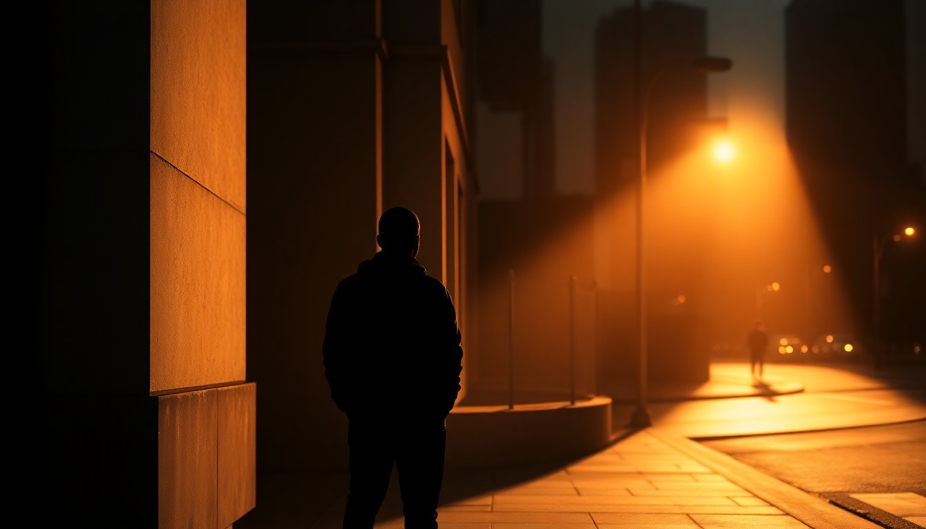 A moody, cinematic painting of a lone figure standing on a shadowy urban street corner, the figure's face obscured by darkness but their silhouette visible in the warm, diagonal sunlight, conceptually representing the loss of a human rights advocate.