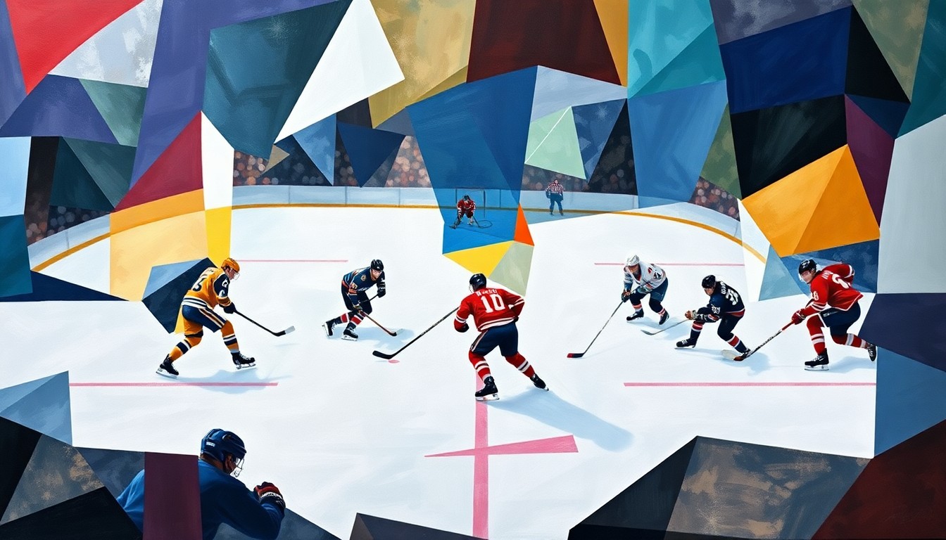A cubist, geometric painting depicting a hockey game, with players and the ice deconstructed into angular, colorful shapes that capture the intensity and movement of the sport.