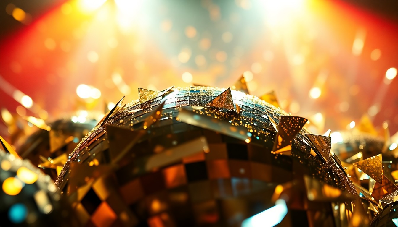 An extreme close-up of shattered glass shards reflecting bright, colorful lights, conceptually illustrating the joyful, celebratory atmosphere of a community event.
